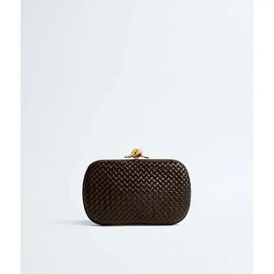 Bottega Veneta Soft Knot Intrecciato Leather Box Frame Woven Clutch Purse Brown